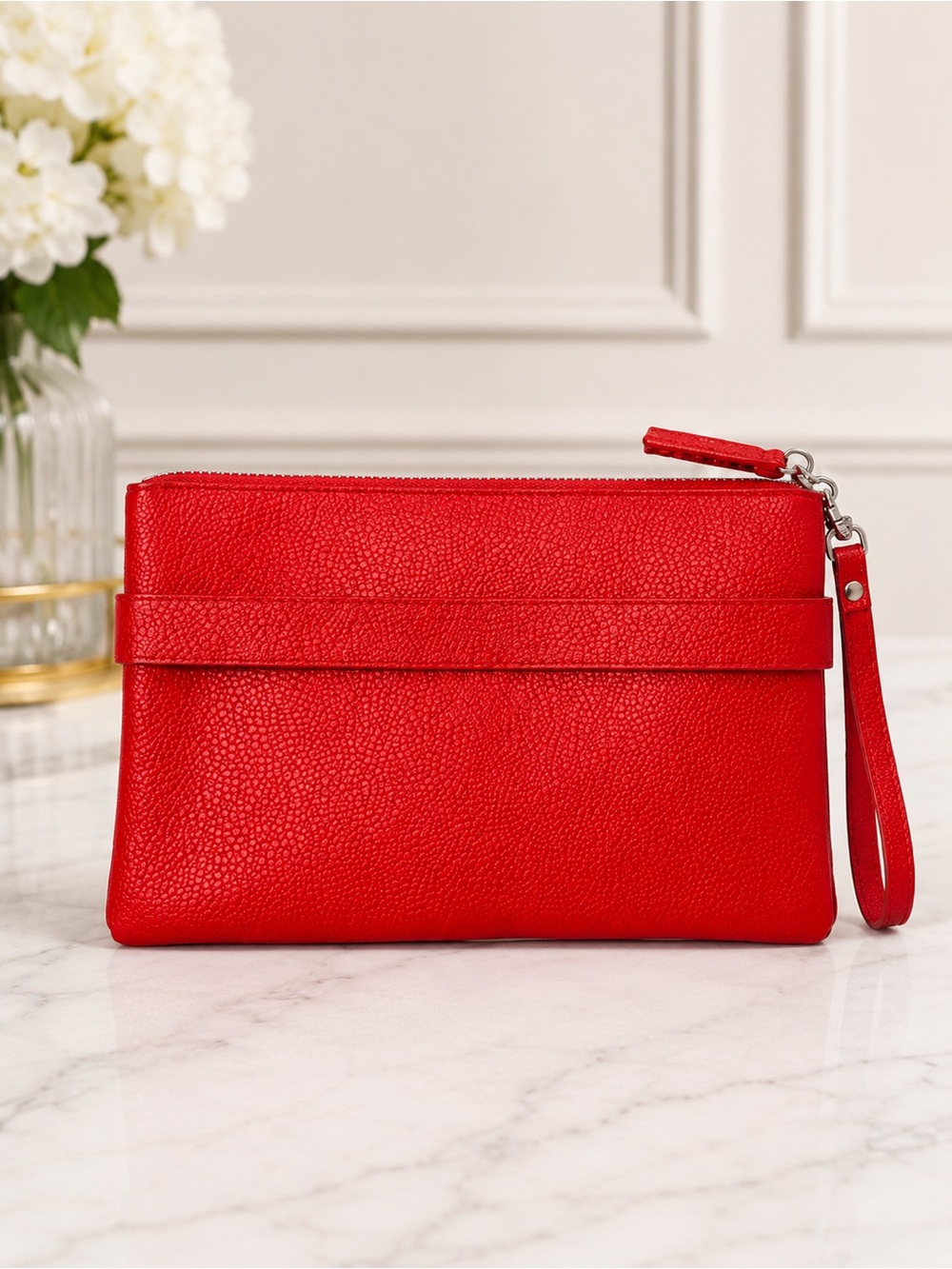 Lancel Paris Red Pebbled Leather Wristlet Clutch Zip Top bag